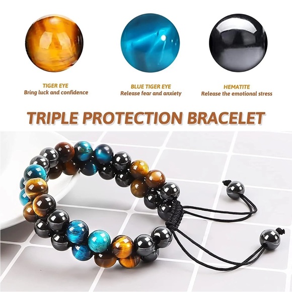 Triple Protection Bracelet Fashion Crystal Bracelet for Men Women Tiger Eye Bead - Picture 2 of 3